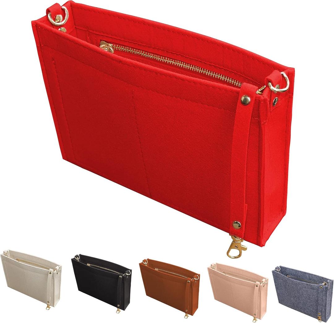 MISIXILE Felt Purse Insert Bag Organizer with Zipper And Gold Buckles,Handbag Organiser Insert fits Toiletry Pouch 19 26 (Small, Red)