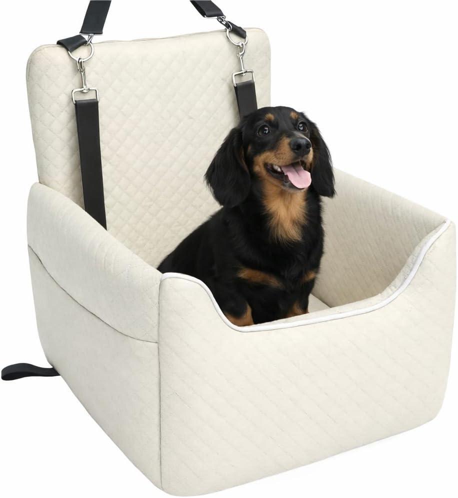 Dog Car Seat for Small/Medium Dogs Under 35lbs, Soft Booster Car Seat with Detachable Washable Cover and Cushion, Memory Foam Pet Car Seat with Safety Belt and Storage Pockets, Puppy Dog Car Bed (White)