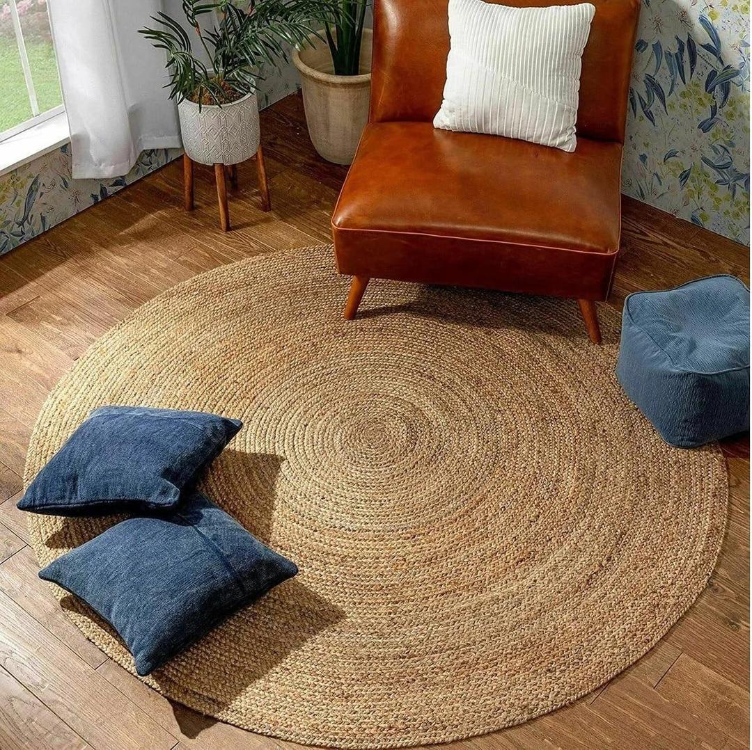 MDS Pack of 1 Handwoven Braided Jute Area Rug - 5 feet Round - Natural Reversible for Home Decor, Living Room Doormat Kitchen, Entryway Rug, Jute Burlap Braided Rag Rug, Rustic, Farmhouse (5' Round)