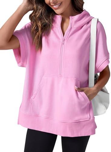 Fisoew Womens Oversized Half Zip Hoodies Short Sleeve Casual Sweatshirts Pullover Tops with Pockets, XL