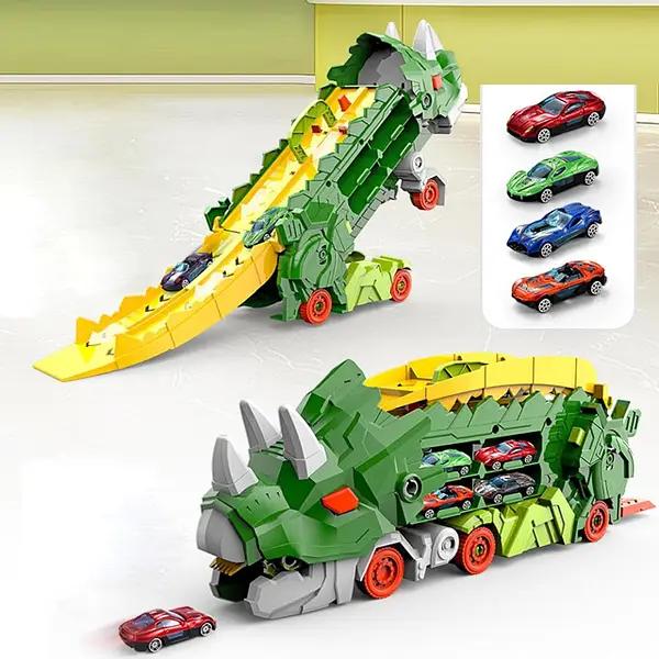 Dinosaur Foldable Truck Toy for Kids Ages 3-8 - Includes 4 Metal Mini Cars and Launcher, Dinosaur-Themed Transporter Truck with Handle, for Boys and Girls (Green)