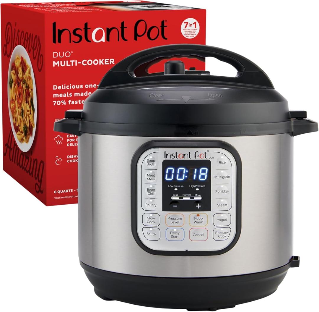 Instant Pot Duo 7-in-1 Electric Pressure Cooker, Slow Cooker, Rice Cooker, Steamer, Saut, Yogurt Maker, Warmer & Sterilizer, Includes App With Over 800 Recipes, Stainless Steel, 6 Quart (6 Quarts)