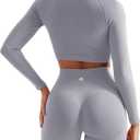 SUUKSESS Women 2 Piece Workout Sets Hidden Scrunch Hip Lifting Seamless Leggings Long Sleeve Yoga Crop Tops (Medium, Washed Blue)