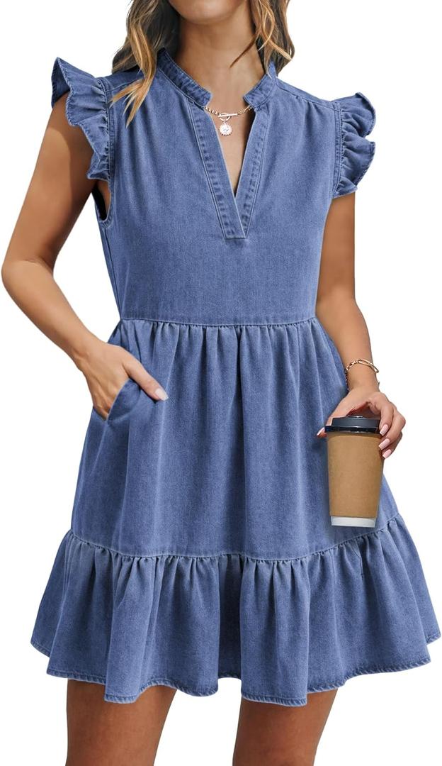 POTILI Denim Dress for Women Ruffle Short Sleeve V Neck Jean Mini Dress with Pockets (Blue, M)