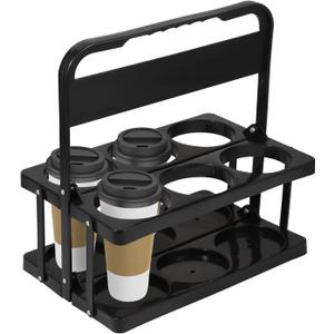 Portable Drink Carrier for Big Cups, Foldable Plastic Cup Holder, Reusable Cup Holder Carrier with Handle, Drink Delivery Carrier (Black)