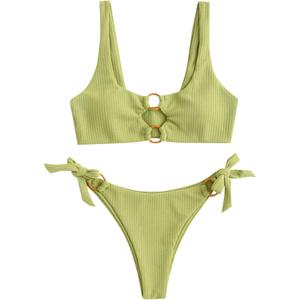 ZAFUL Women's Ribbed O-Ring String Bikini Swimsuit Cheeky Thong Swimwear Two Pieces Bathing Suit (Medium, 34_grass Green)