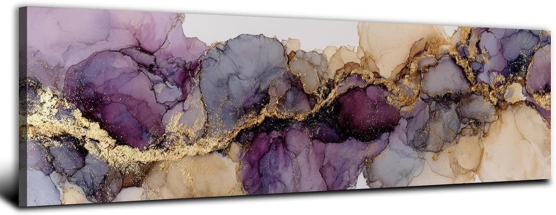 Abstract Purple and Gold Canvas Wall Art Living Room Bedroom Wall Decor Modern Marble Fluid Texture Prints Picture Watercolor Minimalist Foil Ink Poster Neutral Artwork for Bathroom Decorations 14x48