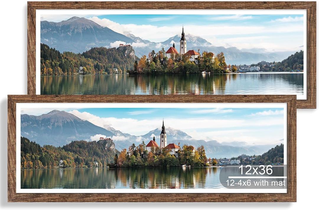 Hongkee 12x36 Picture Frame 2 Packs, Real Glass and Rustic Brown Wood Frame, Display Collage Pictures Twelve 4x6 With Mat or Pennant 12 x 36 Without Mat - Horizontal or Vertical Wall Mounting, 12x36 in matted to 12-4x6