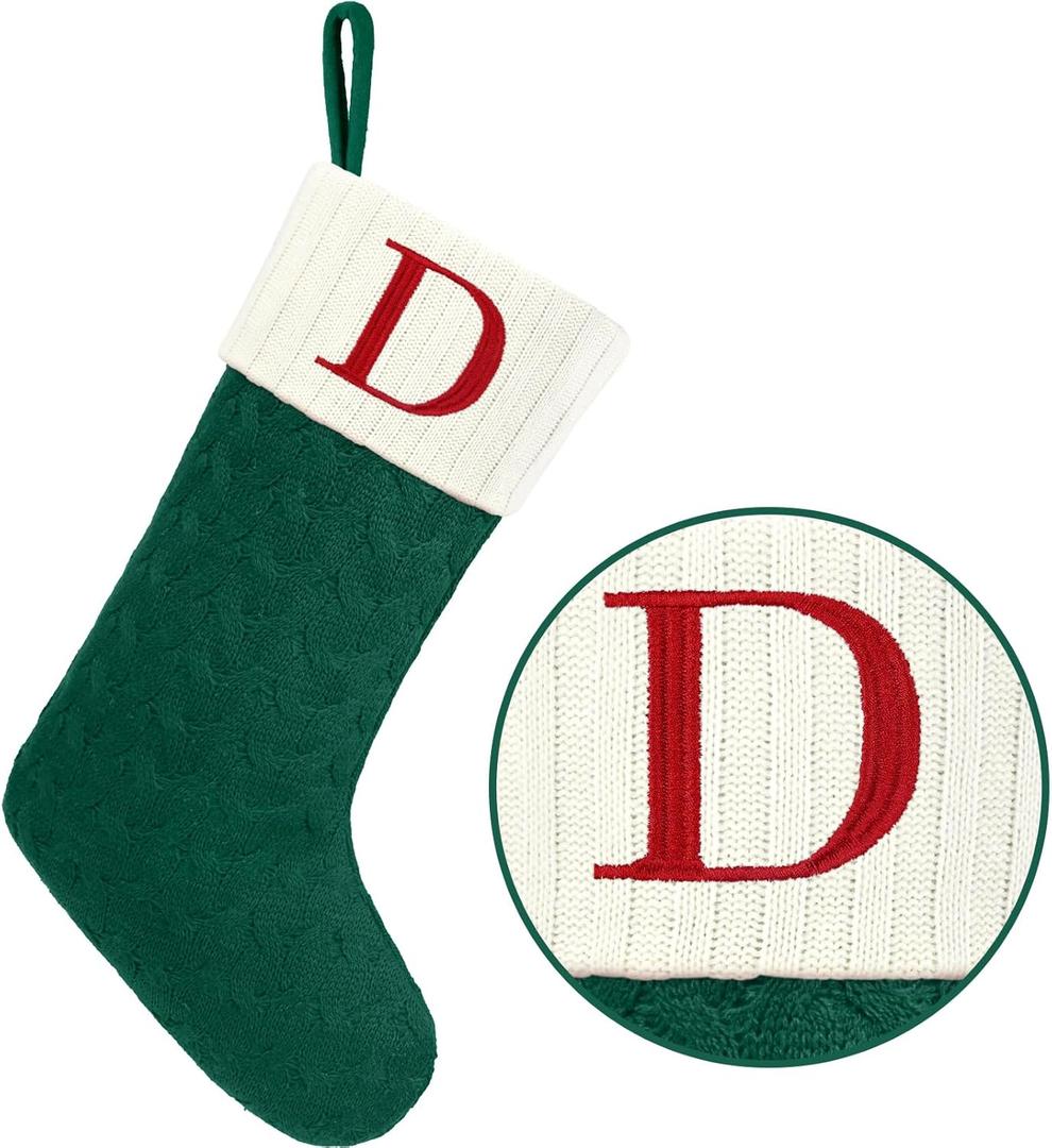 Christmas Stockings with Initials,20 Inches Large Knit Embroidered Letter Green White Christmas Stocking,Monogram Christmas Stocking for Famliy Holiday and Xmas Tree Fireplace (Letter D)