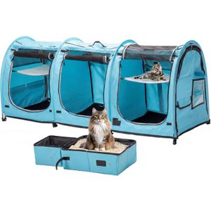 Portable Three Compartment Show House Cat Cage Condo - Easy to Fold & Carry Kennel - Comfy Puppy Home & Dog Travel Crate with Portable Carry Bag,2 Hammocks,3 Mats and Collapsible Litter Boxs, Blue