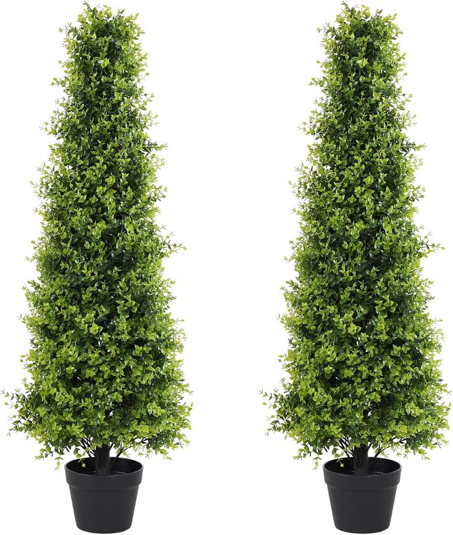 4ft Artificial Boxwood Topiary Trees, Set of 2 UV Resistant Faux Evergreen Shrubs and Bushes for Outdoor Planters, Realistic Fake Plants for Front Porch Outside Patio Yard, 4 Foot Tall