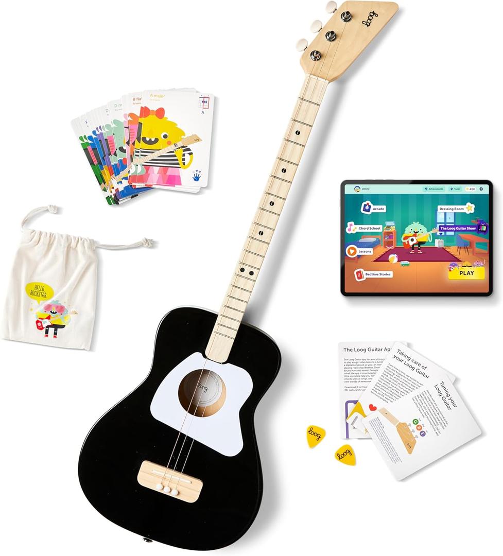 Loog Pro Acoustic kids Guitar 3-strings Ages 6+ Learning App and Lessons Included Black