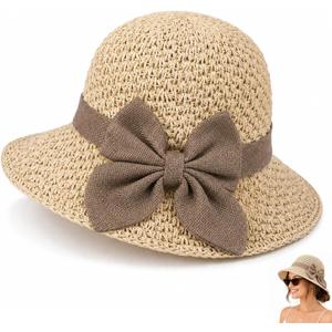 Versatile Woven Straw Sun Hat for Women,Women's Sun Hat,Wide Brim UV Protection Foldable Beach Hat with Bow, Summer Hats (Beige)