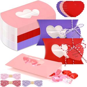 Sanixin 60Pcs Valentine's Day Treat Boxes with Gift Tags Valentines Pillow Boxes with Heart Window Valentine's Day Chocolate Cookie Boxes Candy Container for Sweets Wedding Birthday Party Supplies (Multicolor)