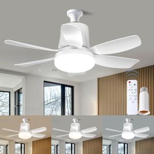 Socket Fan Light, Ceiling Fans with Lights and Remote, Dimmable Led Light Bulb, 3 Colors 3000K-6500K, 1550 Lumens, Screw in Small Ceiling Fan for Bedroom Living Room Kitchen Garage - White