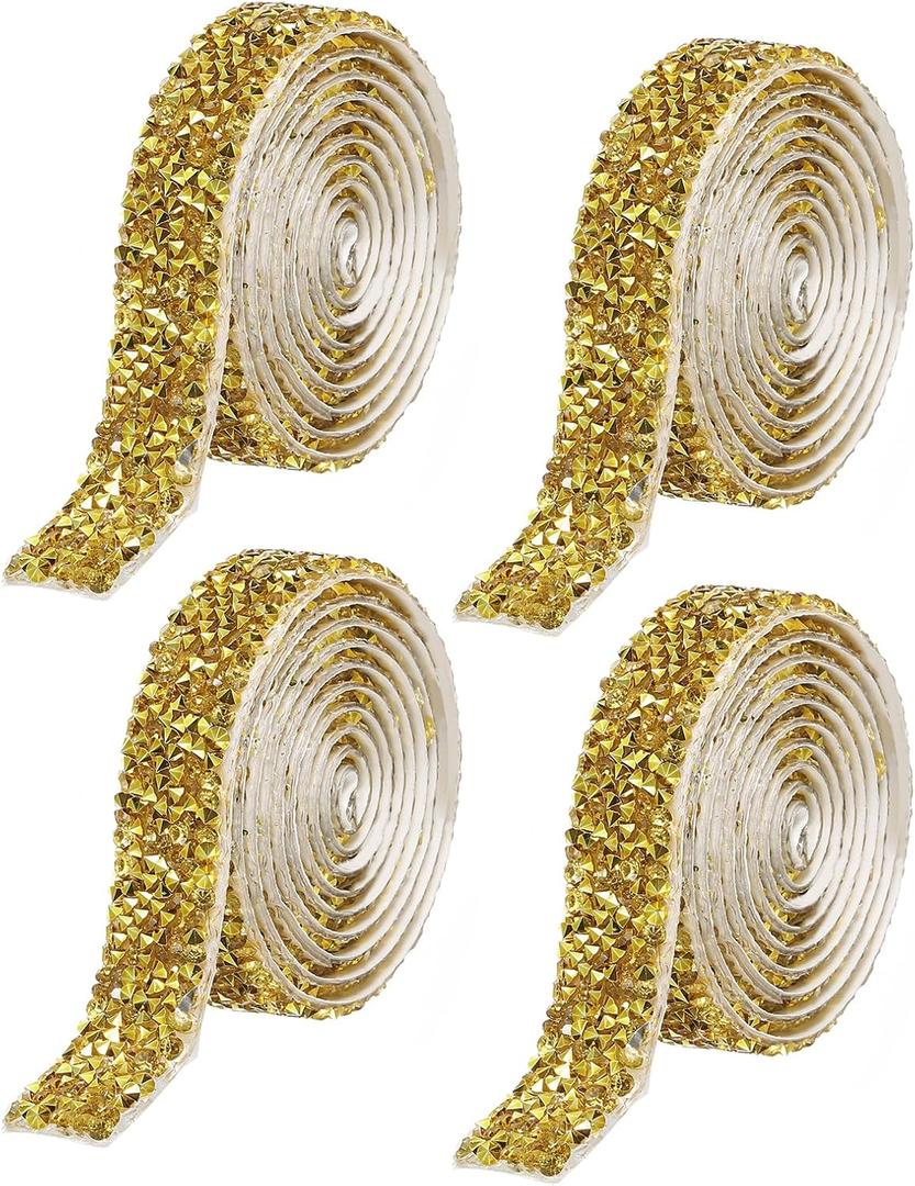 uxcell 4 Yards Resin Rhinestone Ribbon, Self-Adhesive Bling Crystal Ribbon Strips for Wedding Birthday Party DIY Crafts Decorations, Gold