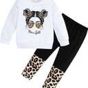 2 x Toddler Girl Clothes Figure Graphic Drop Shoulder Top Pullover Leopard Print Pants Fall Winter Outfit Set (White)