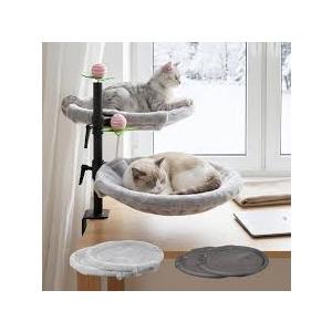 2-Tier Cat Desk Bed – Dual Hammock Desk Mounted Perch for 1–2 Cats, Space-Saving Shelf with Soft Plush & Breathable Mesh Pads, Adjustable Height, Feather Toy Included