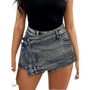 SOFIA'S CHOICE Women's Sexy Denim Skirt Skorts Summer High Waisted Asymmetrical Jean Mini Skirts Grey Blue Small (Blue, S)