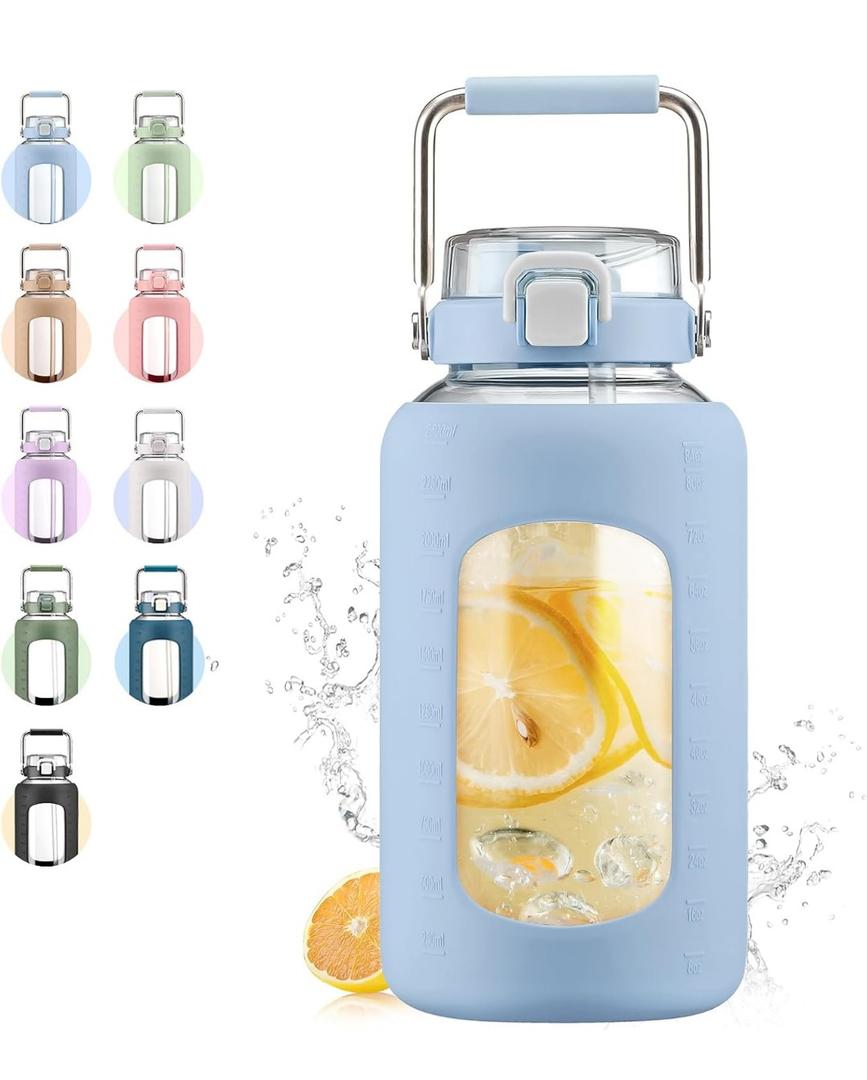 WINSA 84oz Glass Water Bottle, Blue
2.5L Gallon Water Jug with 2-in-1 Straw Lid, Stainless Steel Handle, Silicone Sleeve, Wide Mouth