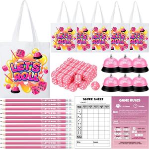 6 Sets Bunco Game Kit Party Supplies for Ladies 60 Pink Dice 12 Tote Bag 6 Bells 30 Score Card 12 Pencils Rule Sheet Night Family Board Games for Women Girl up to 6 Groups 2-12 Player