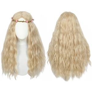 Linfairy Long Wavy Hippie Wigs for Women 70s Halloween Cosplay Costume Wig for Party With Flower Crown