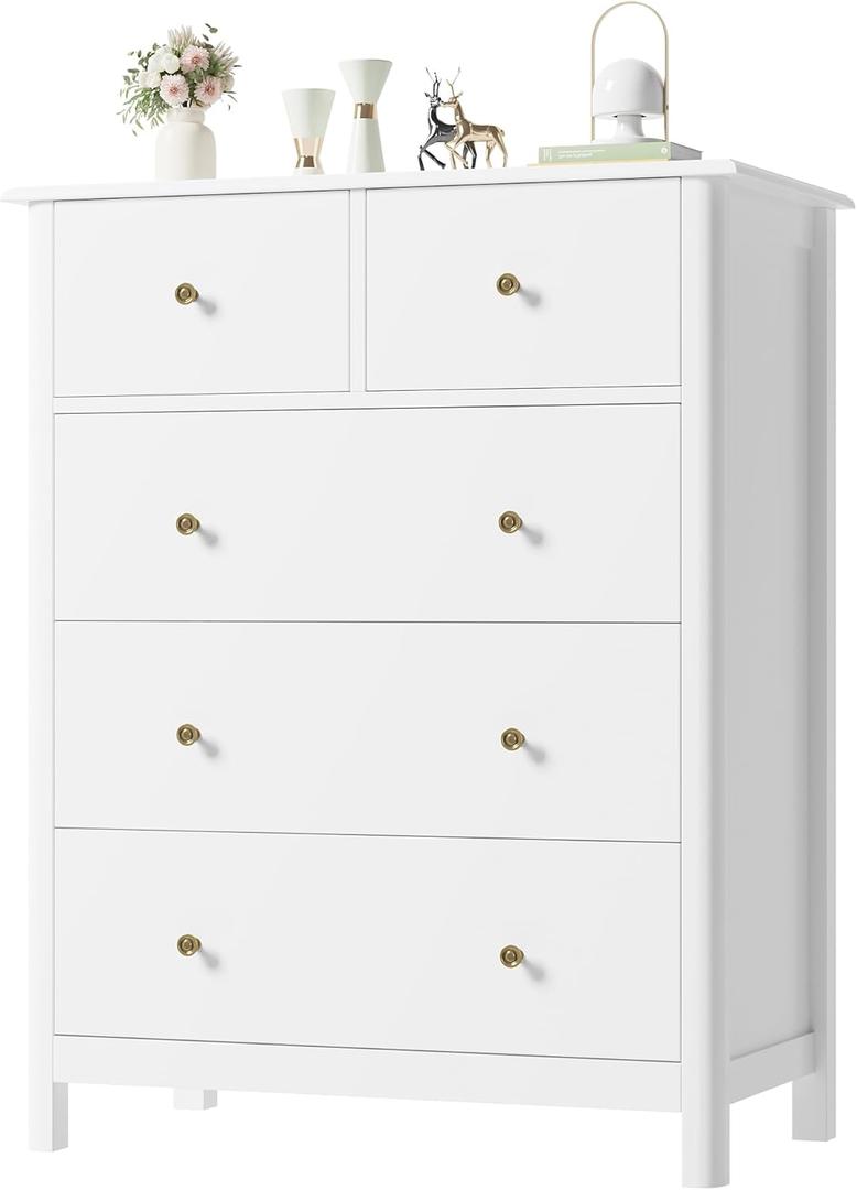 HOUSUIT White Dresser with 5 Drawers, Tall Chest of Drawers, 5 Drawer Dresser with Deep Space, Wood Storage Cabinet for Living Room, Hallway, Office, White