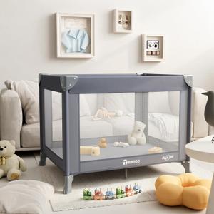 Portable Travel Crib & Playpen - Baby Safe Folding Travel Bed w/Mattress, Breathable Mesh | Compact Lightweight Baby Bed | Pack and Play for Babies & Toddlers (Grey)