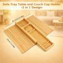 Bamboo Sofa Armrest Tray with Detachable Cup Holder, Foldable Couch Arm Table, Non-Slip Organizer for Drinks, Remote, Phone & Snacks, Space Saving Armrest Caddy for Sofa