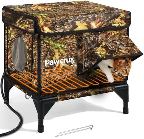 Weatherproof Heated Cat House for Outdoor in Winter, Heated Cat Bed Kitty Shelter with Cat Heating Pad, Insulated & Safe Escape Door, Warm House for Outside Stray Cat (Leaf Color, 12"x16"x16")
