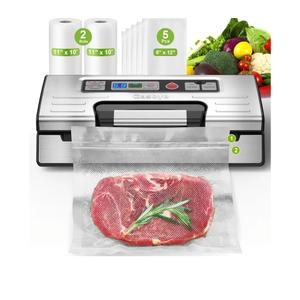 95kPa Precision Vacuum Sealer Machine, Double Heat Seal for Dry/Moist Food, Easy-Lock Handle, Built-in Bag Storage & Cutter, Progress Display, Pulse Mode, Removable Drip Tray, Silver