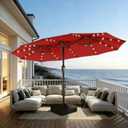 15FT Patio Umbrella with Solar Lights, Double-Sided Extra Large Outdoor Table Umbrella with Base Included, Heavy-Duty 12 Iron Ribs Market Umbrella for Garden, Pool, Backyard, Red