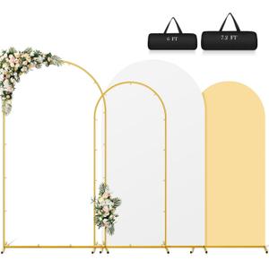 Arch Backdrop Stand and Cover Set, 7.2 FT+6.0 FT Metal Balloon Arch Frame with Two Tone Covers and Storage Bag, Suitable for Wedding Birthday Party Baby Shower Decoration (White and Beige)