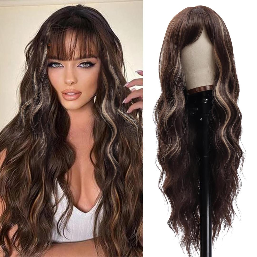 Vomella Brown Wig With Bangs 26 Inch Long Curly Wavy Wigs with Highlights Natural Curly Wig for Women Synthetic Wigs for Daily Party Use
