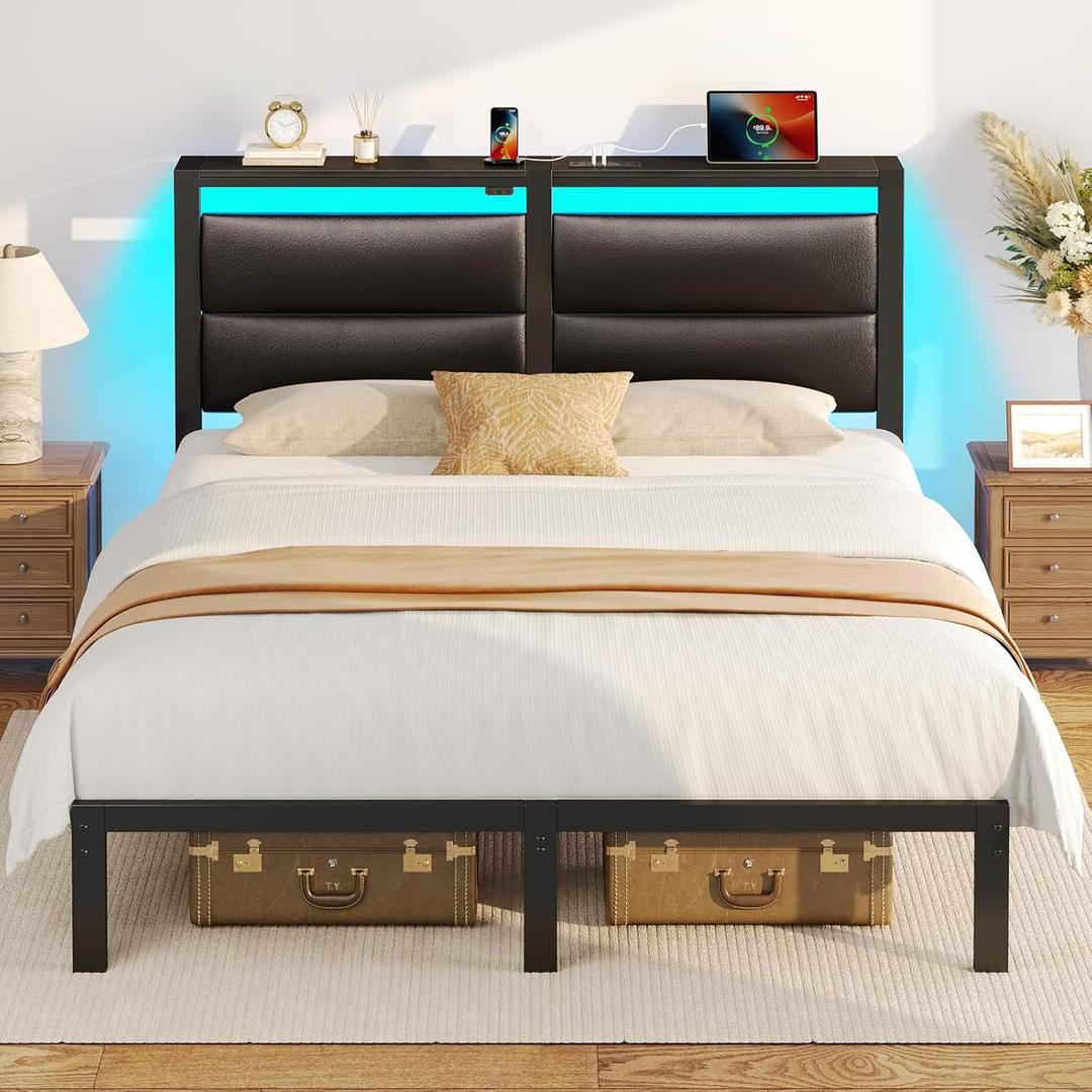 Rolanstar Full Size Bed Frame with Charging Station, LED Full Bed Frame with Upholstered Storage Headboard, Platform Bed with Metal Slats & Under Bed Storage, No Box Spring Needed, Noise Free, Black