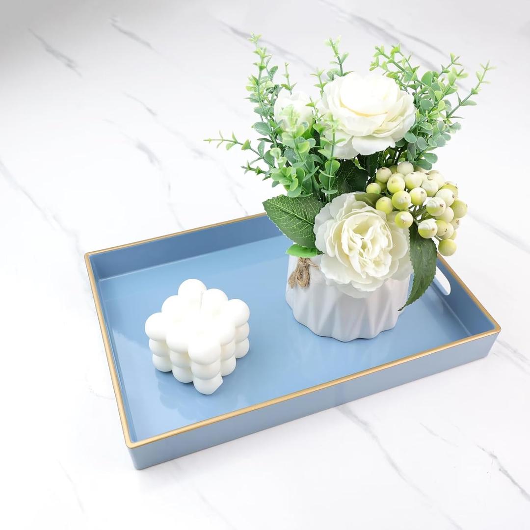 Spsyrine Blue Bathroom Vanity Tray with Handles for Dresser Tops, Countertop, Perfume Decorative Tray, 11.8 * 7.87 *1.37