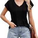 Abardsion Women's V-Neck Cap Sleeve Pleated Blouse Shirts Trendy Summer Outfits Casual Loose Fit T Shirt Tops (Black, M)