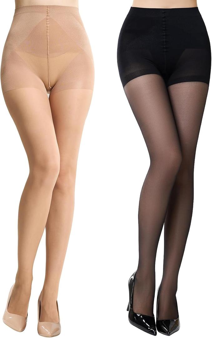 MANZI Control Top Pantyhose for Women 2 Pairs 20D Sheer Soft High Waist Tights Tummy Control Support Stockings (Medium, 1 Natural Nude+1 Black)