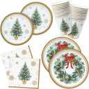 ZVK 96 Christmas Party Paper Plates Napkins Cups Set Disposable Dinnerware Tableware for Holiday Serve 24