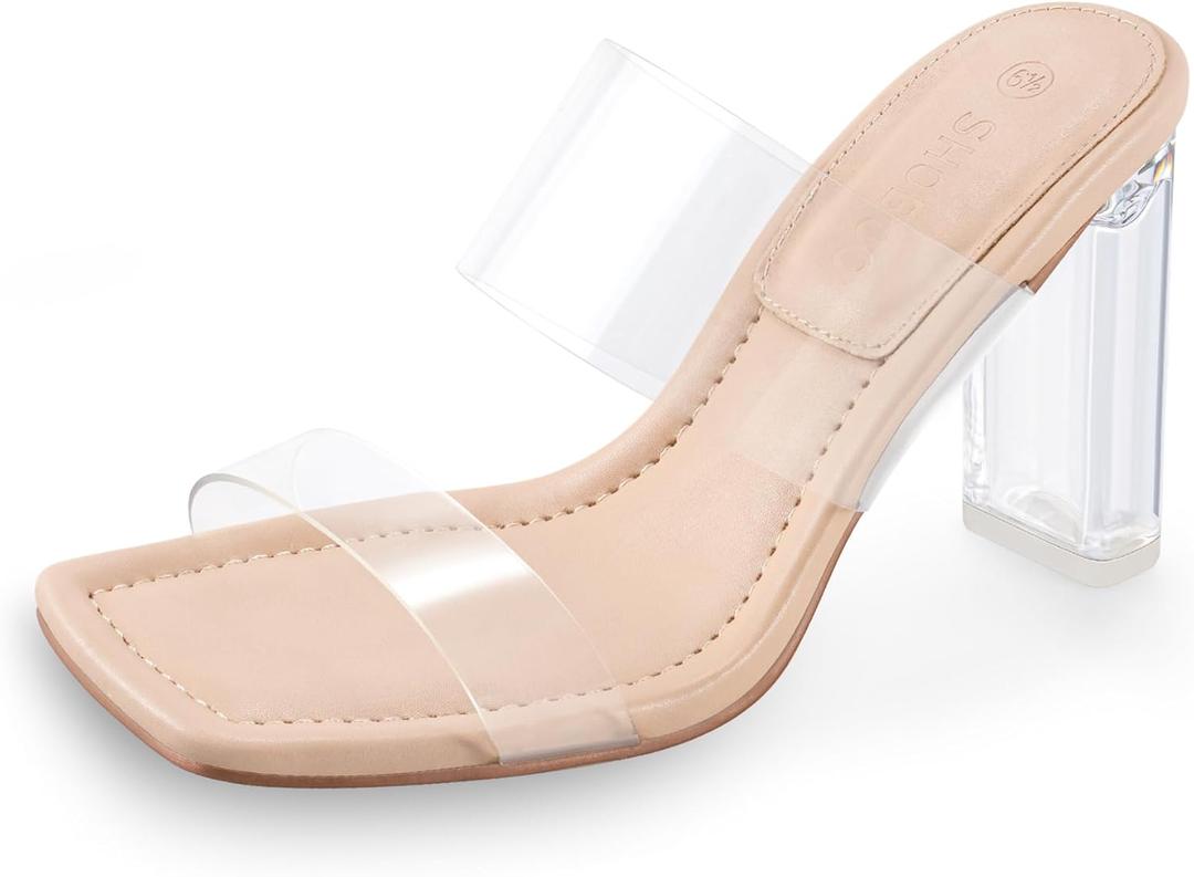 Clear Heels Mules Sandals for Women Transparent Two Strap Square Toe Backless Block Heel Slip on Pump Shoes (7.5, Nude)