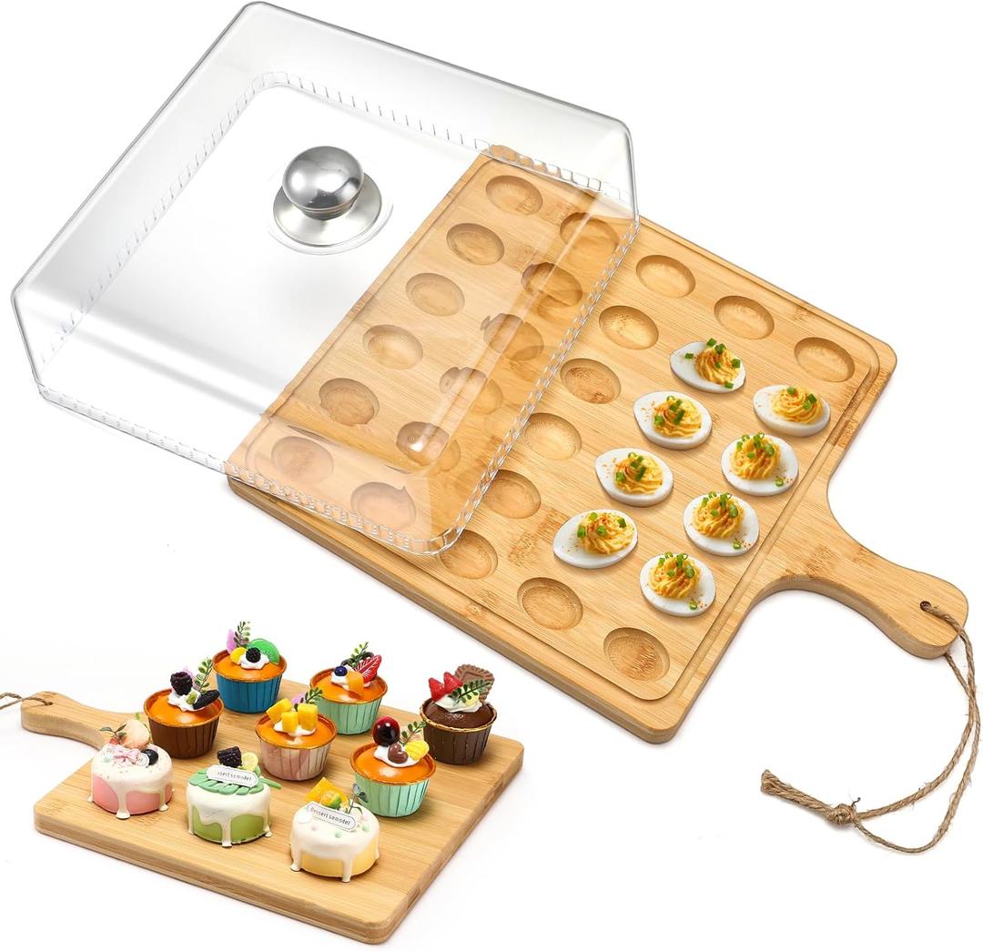 Vercraft Christmas Wooden Deviled Egg Platter with Lid and Handle 30 Holes Round Deviled Egg Tray Reversible Charcuterie Board Wooden Serving Tray Containers Holder for Countertop Easter(Bamboo)