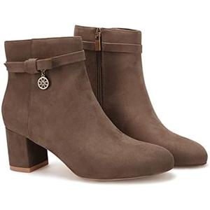 Coutgo Women's Ankle Boots Chunky Block Low Heel Vintage Tie Knot Booties Shoes with Side Zipper 8 1/2, Brown