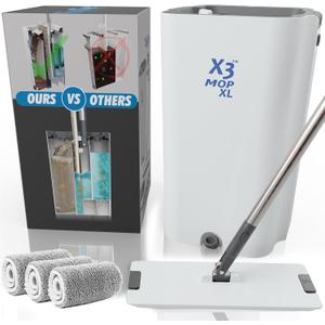 X3 Mop XL, Separates Dirty and Clean Water, 3-Chamber Design, Flat Mop and Bucket Set, Hands Free Home Floor Cleaning, 3 Reusable Microfiber Mop Pads Included (XL X3 Mop)