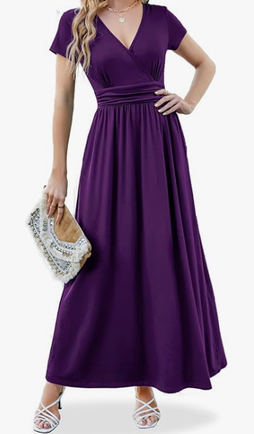 ANRILITA Women's 2026 Wrap V Neck Maxi Dress Short Sleeve Empire Waist Flowy Summer Long Dresses with Pocket Casual for Beach, Purple, XL
