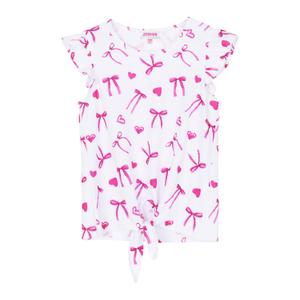 JESKIDS Girls Short Sleeve Shirts Ruffle Sleeve Tie Front Tie Dye Print Summer Tops Heart Bowknot 8-9 Years (White)