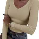 Roselux Womens Long Sleeve V Neck Ribbed Knit Fitted Casual Tops Tee Slim Basic Shirt (Small, Beige)