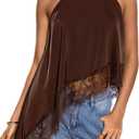 Milumia Women's Halter Neck Sleeveless Top Lace Asymmetrical Hem Summer Going Out Tank Tops, Size S (Coffee Brown)