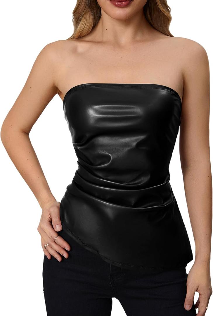 MakeMeChic Women's Faux Leather Strapless Tube Tops Asymmetrical Ruched Backless Corset Crop Going Out Tops XL
