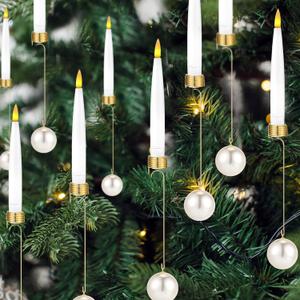 Baquler 24 Pack Christmas Tree Candles with Remote, Christmas Pearl Ornament Hanging Flickering Candles with White Ball Hooks, Flameless LED Taper Candle for Xmas Home Wedding Winter Decor