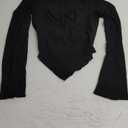Women's Long Sleeve Square Neck Crop Top Twist Front Asymmetrical Shirt Black, XS